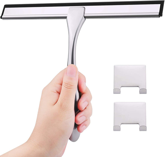 SnoWiter All-Purpose Shower Squeegee for Shower Doors, Window, Bathroom, Mirrors, Tiles and Car Windows with 2 Hooks - Stainless Steel (Silver, 10 Inch)