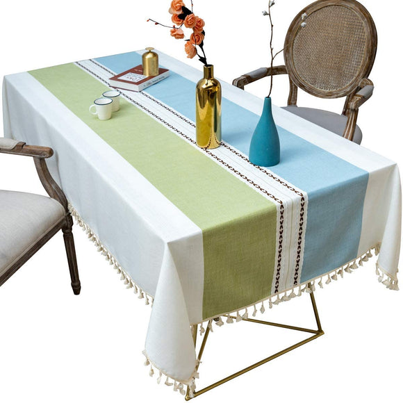 Uyis Green and Blue Cotton Linen Tablecloth, Fabric Stripe Table Cover Cloth with Stitching Tassel,Wrinkle Free Dust-Free Tabletop Decoration for Kitchen Dinning Party（Rectangle, 55x 86inch）