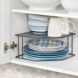 mDesign Rustic Decorative Metal Corner Shelf - 2 Tier Raised Storage Organizer for Kitchen Cabinet, Pantry, Shelf, Countertop - Holds Dishes, Baking Supplies, Canned Goods, Spices - Graphite Gray