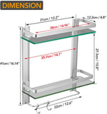 BESy Heavy Duty Lavatory Glass Bathroom Shelf, 2 Tier Tempered Glass Shower Shelves with Towel Bar Wall Mounted, Shower Storage 15 by 5 inches, Dull Polished Finish/Aluminum