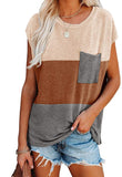 Womens Color Block Cap Sleeve Tshirts Casual Summer Loose Tops with Pocket