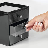 mDesign Plastic Home Office Desk Organizer Storage Station - Holds Gel Pens, Erasers, Tape, Push Pins, Pencils, Markers - Compact, Space Saving - 3 Drawers - Black/Clear