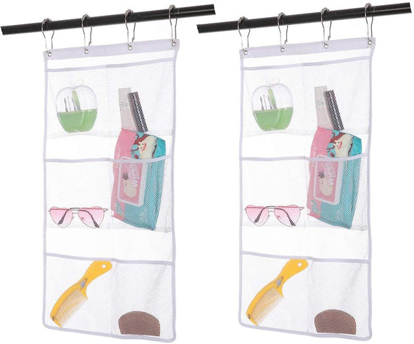 2 Pack Hanging Mesh Shower Caddy Organizer with 6 Pockets, Shower Curtain Rod/Liner Hooks Bathroom Toiletry Wall Door Hanger Organization, Dorm Space Saving, Kids Bath Toy Organizer with 4 Rings