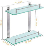 HOMEIDEAS Bathroom Tempered Glass Shelf Wall Mounted -14 Inch 2 Tier Brushed Nickel Rustproof SUS304 Stainless Steel Frosted Glass Shelf