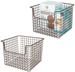 mDesign Metal Kitchen Pantry Food Storage Organizer Basket - Farmhouse Grid Design with Open Front for Cabinets, Cupboards, Shelves - Holds Potatoes, Onions, Fruit - 12" Wide, 2 Pack - Bronze