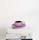 Porcelain Stackable Espresso Cups/Mugs with Saucers set and Metal Stand rack - 8 Ounce for Specialty Coffee/Tea/Latte Drinks, Single/Double Expresso (Demitasse) - Set of 4 Pink & Purple Edition