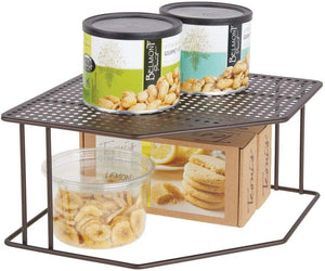 mDesign Rustic Decorative Metal Corner Shelf - 2 Tier Raised Storage Organizer for Kitchen Cabinet, Pantry, Shelf, Countertop - Holds Dishes, Baking Supplies, Canned Goods, Spices - Graphite Gray