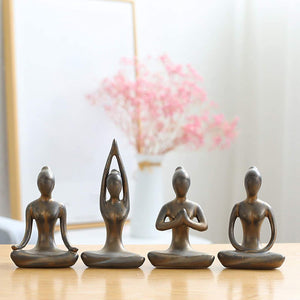 OwMell Lot of 4 Meditation Yoga Pose Statue Figurine Ceramic Yoga Figure Set Decor (Black Set)