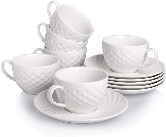 AVLA Set of 6 Porcelain Espresso Cups with Saucers - 8 Ounce Coffee Cup and Saucer Set, Espresso Mugs Set for Specialty Coffee Drinks, Latte, Cappuccino, Mocha and Tea, White