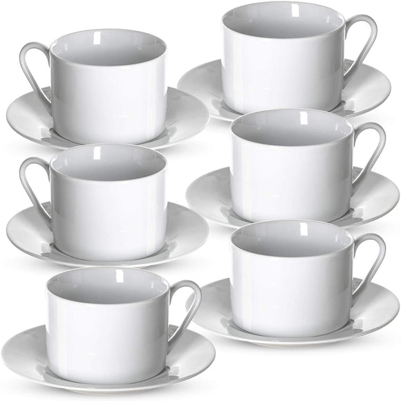 Klikel Tea Cups And Saucers Set - 6 Piece White Coffee Mug Set - 6 Inch Plates And 8.5oz Mugs - Cappuccino Cup And Saucer Set For Latte Café Mocha Espresso Bar