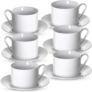 Klikel Tea Cups And Saucers Set - 6 Piece White Coffee Mug Set - 6 Inch Plates And 8.5oz Mugs - Cappuccino Cup And Saucer Set For Latte Café Mocha Espresso Bar