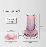 Porcelain Stackable Espresso Cups/Mugs with Saucers set and Metal Stand rack - 8 Ounce for Specialty Coffee/Tea/Latte Drinks, Single/Double Expresso (Demitasse) - Set of 4 Pink & Purple Edition