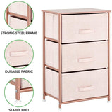 mDesign Vertical Dresser Storage Tower - Sturdy Steel Frame, Wood Top, Easy Pull Fabric Bins - Organizer Unit for Bedroom, Hallway, Entryway, Closets - Textured Print, 3 Drawers - Light Pink/Rose Gold
