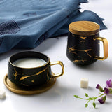ENJOHOS 10 Oz Ceramic Tea Cup Coffee Cup Set with Wooden Saucer European Golden Hand Cup Saucer Set(Black)