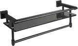 Glass Bathroom Shelf with Towel Bar and Rail Wall Mounted Extra 8mm-Thick Tempered Glass, Floating Shelf Rectangular (Matte Black)