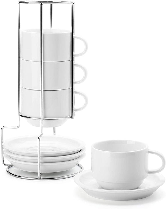 Sweese 406.401 Porcelain Stackable Cappuccino Cups with Saucers and Metal Stand - 8 Ounce for Specialty Coffee Drinks, Cappuccino, Latte, Americano and Tea - Set of 4, White