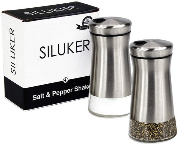 Salt and Pepper Shakers - Salt Shaker with Adjustable Pour Holes - Stainless Steel and Glass Set