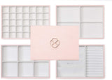 Vlando Stackable Jewelry Tray - Faux Leather Multi-purpose Multi-Layer Jewelry Accessories Earring Necklace Bracelet Rings Display Storage and Organizer for Desktop Drawer, 4-Layer w/Lid, Pink