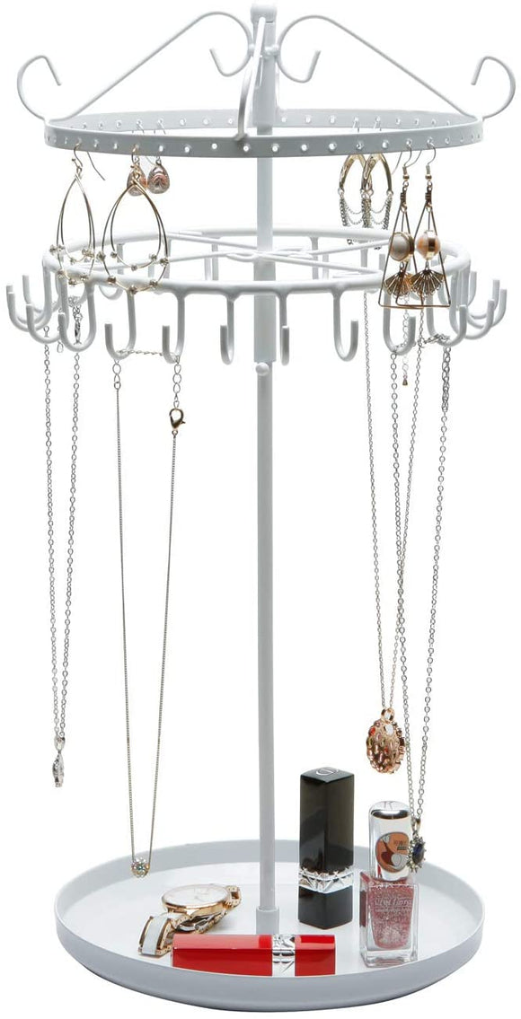 OROPY Rotating Jewelries Tower Organizer, Vintage Round Necklaces Holder Stand Tabletop for Earrings, Studs, Bracelets, Rings White