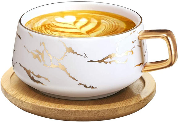 Tilany Tea Cup and Bamboo Saucer Set - Ceramic Tea Mug with Luxury Gold Inlay, Fashion Marble Pattern - 12.5 Oz Large Tea Cups in White - Fancy Hot Coffee Cup - Cute Teacup Sets for Women, Men (White)