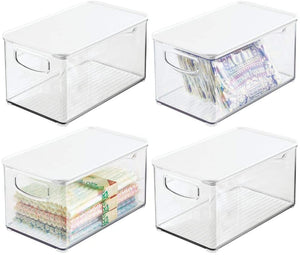 mDesign Plastic Stackable Kitchen Pantry Cabinet, Refrigerator, Freezer Food Storage Box with Handles, Lid - Organization for Fruit, Jars, Snacks, Pasta - 10" Long, 4 Pack - Clear/Smoke Gray