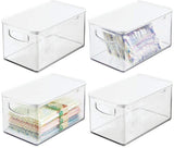 mDesign Plastic Stackable Kitchen Pantry Cabinet, Refrigerator, Freezer Food Storage Box with Handles, Lid - Organization for Fruit, Jars, Snacks, Pasta - 10" Long, 4 Pack - Clear/Smoke Gray