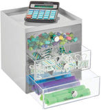 mDesign Plastic Home Office Desk Organizer Storage Station - Holds Gel Pens, Erasers, Tape, Push Pins, Pencils, Markers - Compact, Space Saving - 3 Drawers - Black/Clear