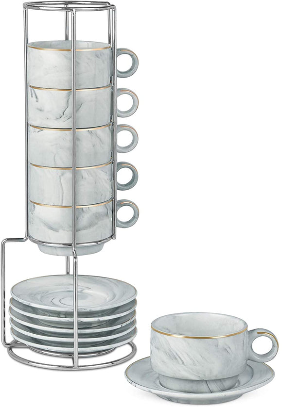 Espresso Mugs Set of 6 with Rack Marble Stackable Espresso Cups with Saucers and Metal Stand Demitasse Cups Designed for Espresso, Latte, Cafe, Mocha 3OZ Gray