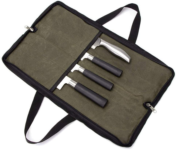 Chef’s Knife Roll Bag, Padded 4 Pockets Knife Storage Case, Professional Kitchen Tools Carrier Holder, Heavy Duty Waxed Canvas Fabric,Great Way To Store And Transport Your Knives Safely (Green)