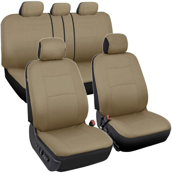 BDK OS-309-AB Tan Trim Black Car Seat Covers Full 9 Piece Set, Sleek & Stylish, Split Option Bench 5 Headrests Front & Rear Bench, Beige