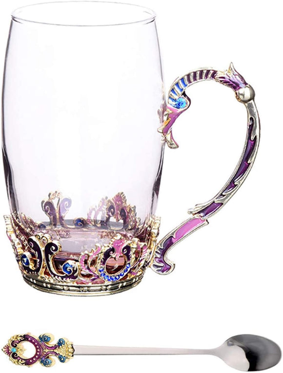Glass Tea Cup Coffee Mug, Hand Blown Glass Drinking Mug Made of Lead-free Glass, Vin­tage Glass Cups with Spoon Set, Birthday Decoration Wedding Gift Ideas (Purple Tall)
