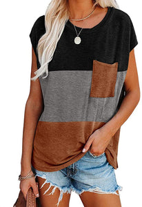 Womens Color Block Cap Sleeve Tshirts Casual Summer Loose Tops with Pocket