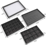 Mebbay Sackcloth Stackable Jewelry Trays Organizer Set with Clear Lid, Jewelry Storage Display Trays for Drawer, Earring Necklace Bracelet Ring Organizer - Set of 4 (Grey-Black)