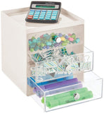 mDesign Plastic Home Office Desk Organizer Storage Station - Holds Gel Pens, Erasers, Tape, Push Pins, Pencils, Markers - Compact, Space Saving - 3 Drawers - Black/Clear