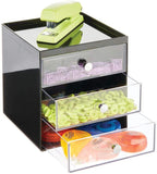 mDesign Plastic Home Office Desk Organizer Storage Station - Holds Gel Pens, Erasers, Tape, Push Pins, Pencils, Markers - Compact, Space Saving - 3 Drawers - Black/Clear