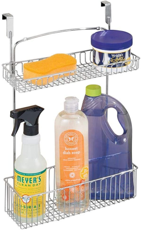 mDesign Metal Farmhouse Over Cabinet Kitchen Storage Organizer Holder or Basket - Hang Over Cabinet Doors in Kitchen/Pantry - Holds Dish Soap, Window Cleaner, Sponges - Chrome