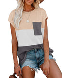 Womens Color Block Cap Sleeve Tshirts Casual Summer Loose Tops with Pocket