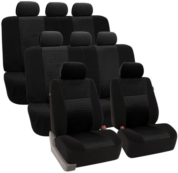 FH GROUP FB060128 Three Row Trendy Elegance Car Seat Covers w. 8 Headrests, Airbag Compatible and Split Bench, Solid Black Color- Fit Most Car, Truck, SUV, or Van
