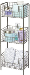 mDesign 3 Tier Vertical Standing Bathroom Shelving Unit, Decorative Metal Storage Organizer Tower Rack with 3 Basket Bins to Hold and Organize Bath Towels, Hand Soap, Toiletries - Bronze