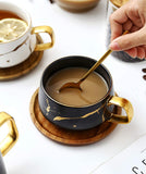 YBK Tech Porcelain Tea Cup Coffee Mug Set for Afternoon Tea - Marble Pattern (Black, Short 300ml + bamboo saucer)