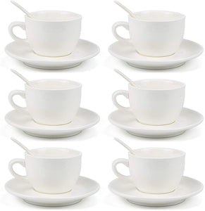 Kingrol 8 Ounce Porcelain Cappuccino Cups with Saucers and Spoons, Set of 6 Espresso Mugs for Latte, Mocha, Cappuccino and Tea