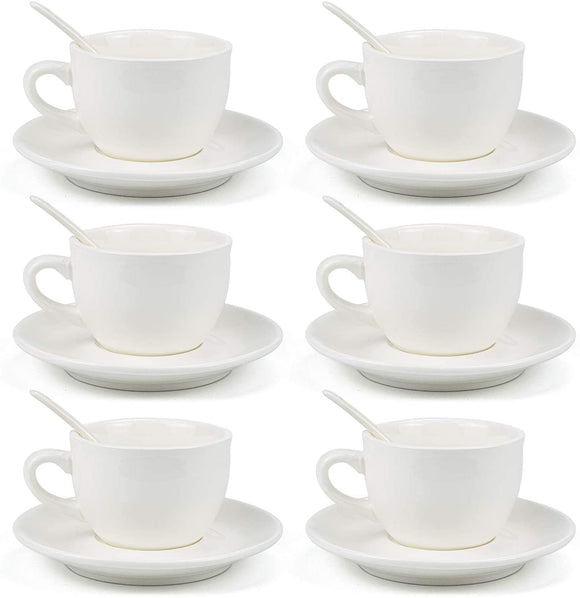 Kingrol 8 Ounce Porcelain Cappuccino Cups with Saucers and Spoons, Set of 6 Espresso Mugs for Latte, Mocha, Cappuccino and Tea