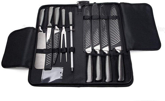 Chef’s Leather Knife Bag with 9 Universal Knife Holder Slots, Knife Carrier Bag Has a Zipper Pouch, Knife Case Also Holds Small Kitchen Tools Like Spoon, Peeler, BBQ Tools, Best Chef Knife Bag