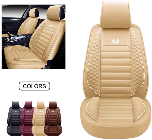 OASIS AUTO OS-011 Leather Car Seat Covers, Faux Leatherette Automotive Vehicle Cushion Cover for Cars SUV Pick-up Truck Universal Fit Set for Auto Interior Accessories (Front ONLY, TAN)