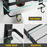 Hoimpro Bathroom Lavatory Glass Shower Shelf, Tempered Glass 2 Tier Shelves with Towel Bar Wall Mounted Shower Storage, Square Style, Heavy Duty Aluminum/Matte Black