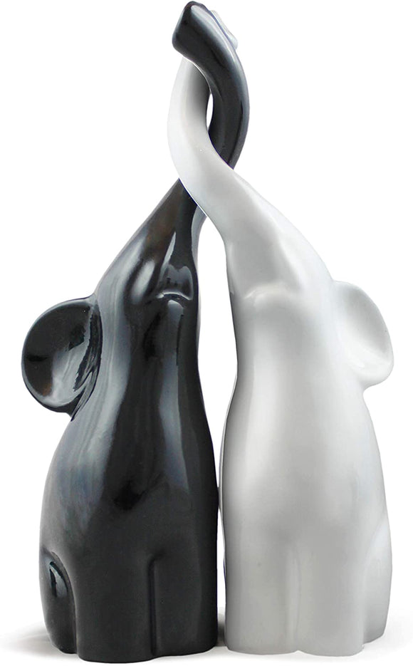 White Black Elephant Figurines with Trunk Up 10 in - Polystone Ceramic Stacked Elephant Statuettes Home Decor Shelf Accent - Rojos Blancos Par De Suerte Enamorados Elefantes para El Hogar Decoracion