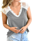 Women Crochet Lace Basic V-Neck T-Shirt Short Sleeve Loose Fitting Tunic