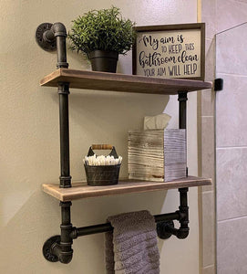 Industrial Pipe Shelf Rustic Wall Shelves with Towel Bar 24" Towel Racks for Bathroom 2-Layer Wood Hanging Shelving