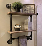 Industrial Pipe Shelf Rustic Wall Shelves with Towel Bar 24" Towel Racks for Bathroom 2-Layer Wood Hanging Shelving