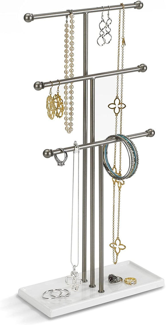 Umbra 299330-491-REM Trigem Hanging Organizer – 3 Tier Table Top Necklace Holder, Box Display with Jewelry Tray Base, One Size, Nickel